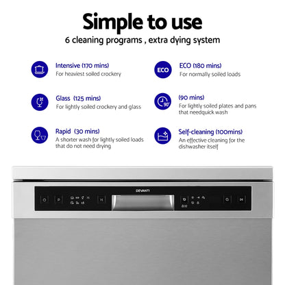 Devanti 60cm 14 Place Settings Freestanding Dishwasher Silver