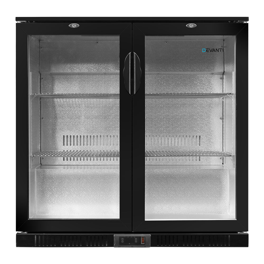 Devanti 198L Bar Fridge Dual Glass Door w/Light Black