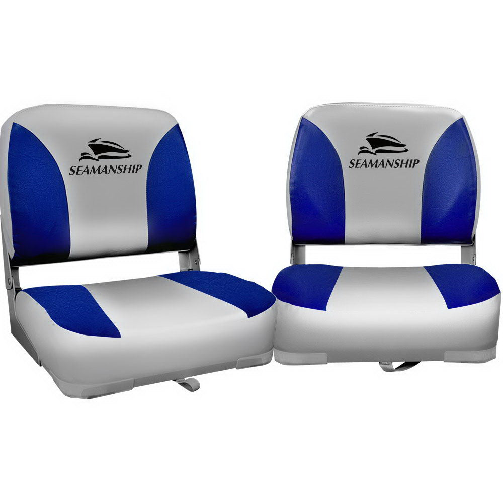 Seamanship 2X Folding Boat Seats Marine Swivel Low Back 13cm Padding Grey Blue