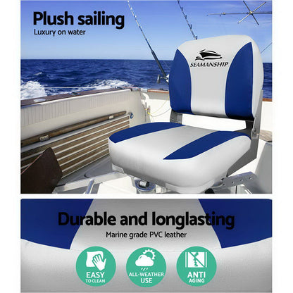 Seamanship 2X Folding Boat Seats Marine Swivel Low Back 13cm Padding Grey Blue