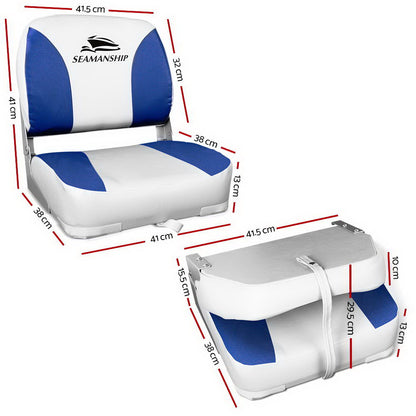 Seamanship 2X Folding Boat Seats Marine Swivel Low Back 13cm Padding White Blue