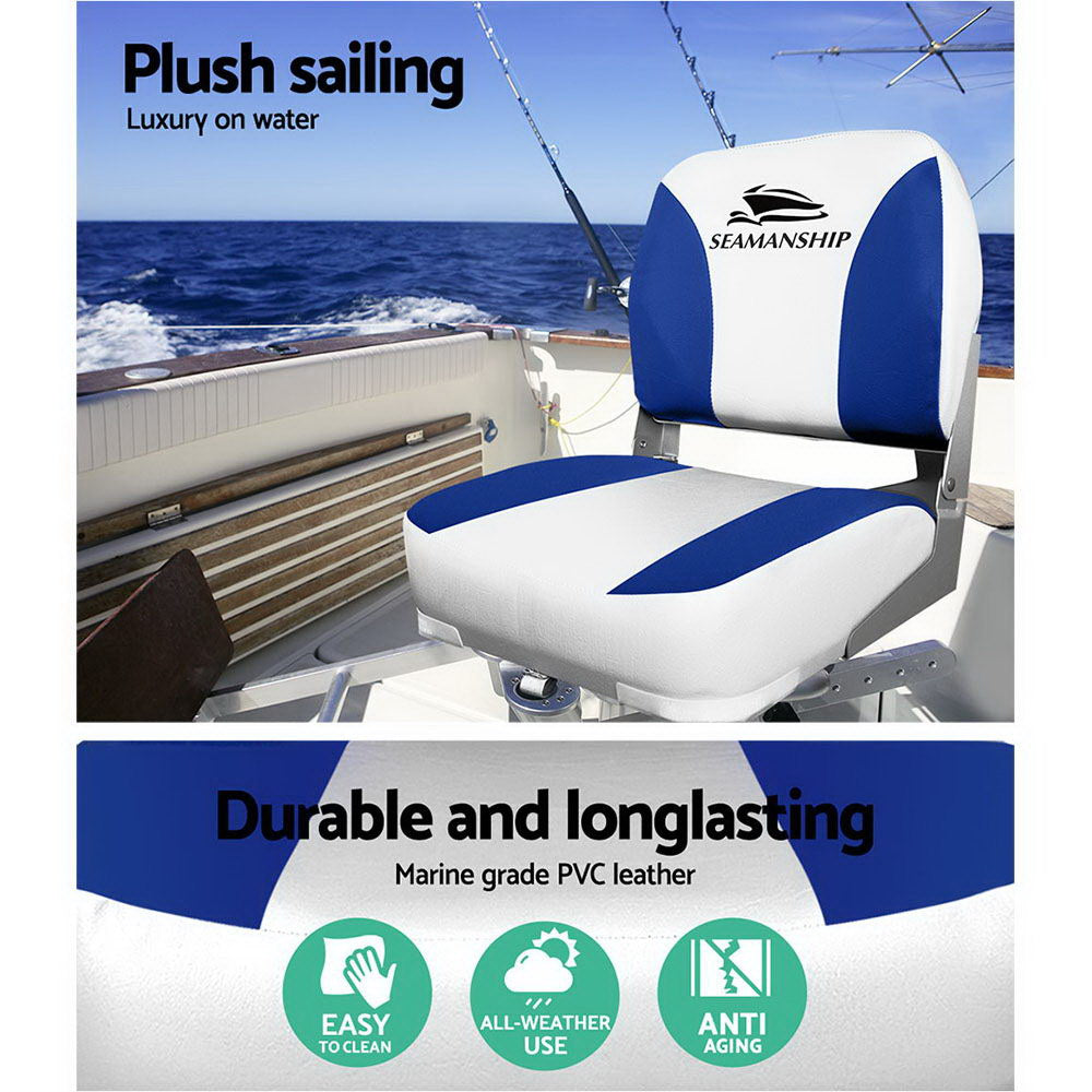 Seamanship 2X Folding Boat Seats Marine Swivel Low Back 13cm Padding White Blue