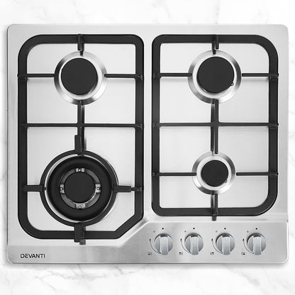 Devanti Gas Cooktop 60cm 4 Burner Silvir