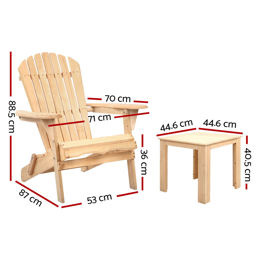 Gardeon 3PC Adirondack Outdoor Table and Chairs Wooden Foldable Beach Chair Natural