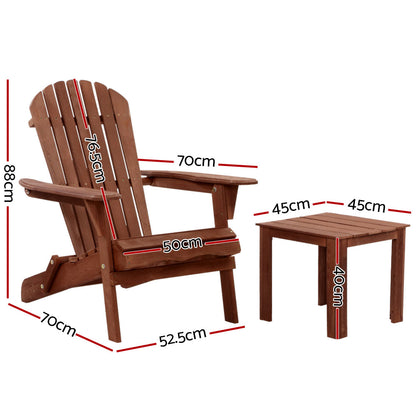 Gardeon 3PC Adirondack Outdoor Table and Chairs Wooden Foldable Beach Chair Brown