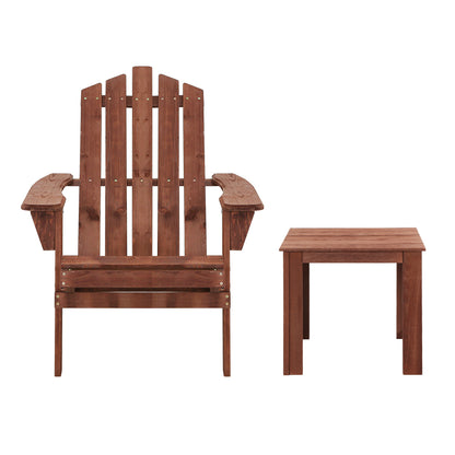 Gardeon 3PC Adirondack Outdoor Table and Chairs Wooden Beach Chair Brown