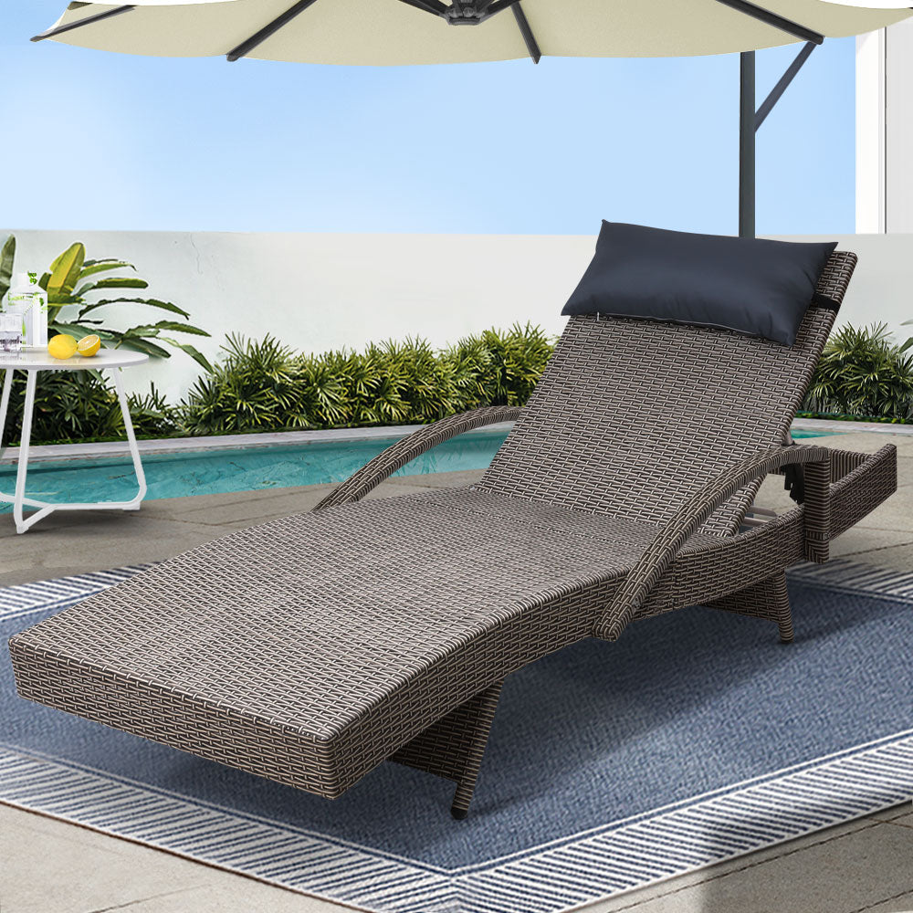 Gardeon Sun Lounge Wicker Lounger Outdoor Furniture Beach Armchair Adjustable Grey&Beige