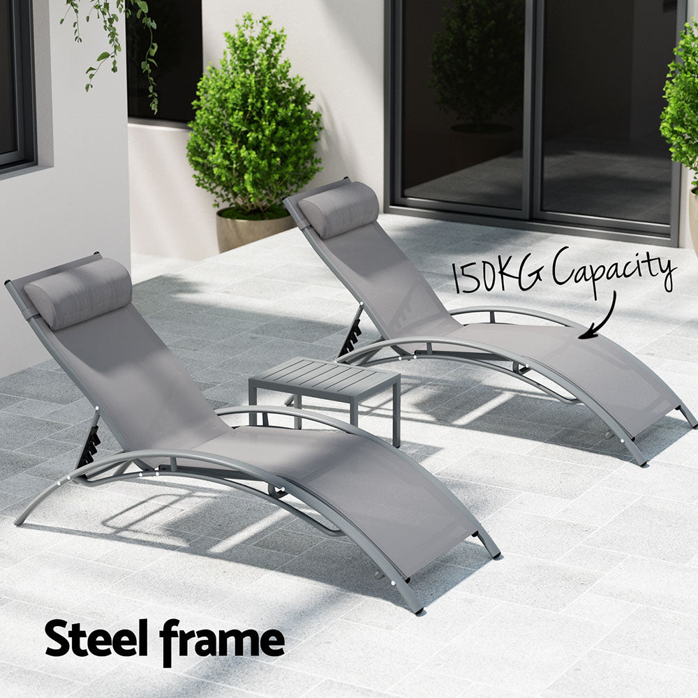 Gardeon 3PC Sun Lounge Outdoor Lounger Steel Table Chairs Patio Furniture Grey