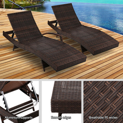 Gardeon 2PC Sun Lounge Wicker Lounger Outdoor Furniture Beach Chair Garden Adjustable Brown