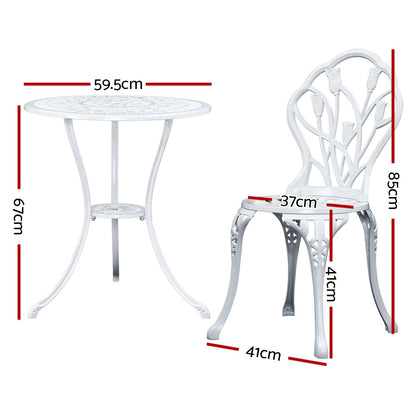 Gardeon 3PC Outdoor Setting Bistro Set Chairs Table Cast Aluminum Patio Furniture Tulip White