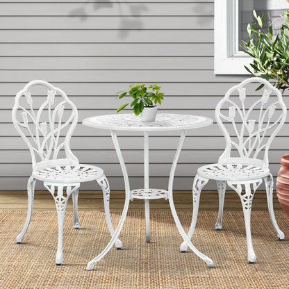 Gardeon 3PC Outdoor Setting Bistro Set Chairs Table Cast Aluminum Patio Furniture Tulip White