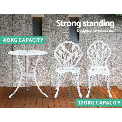 Gardeon 3PC Outdoor Setting Bistro Set Chairs Table Cast Aluminum Patio Furniture Tulip White