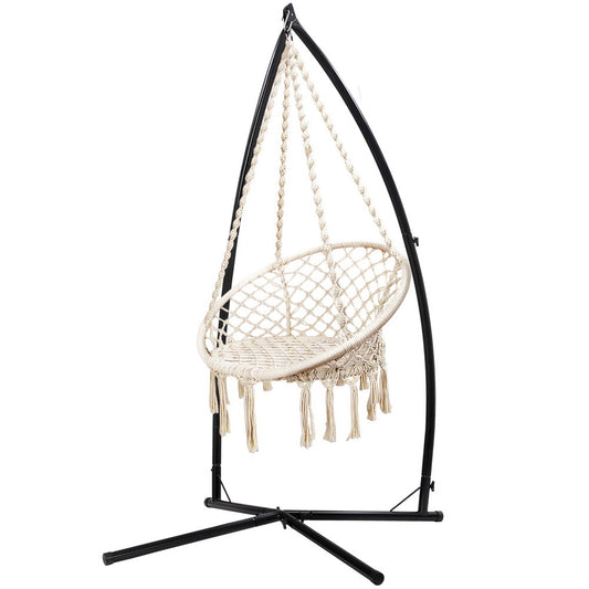 Gardeon Hammock Chair with Steel Stand Macrame Outdoor Swinging Cream