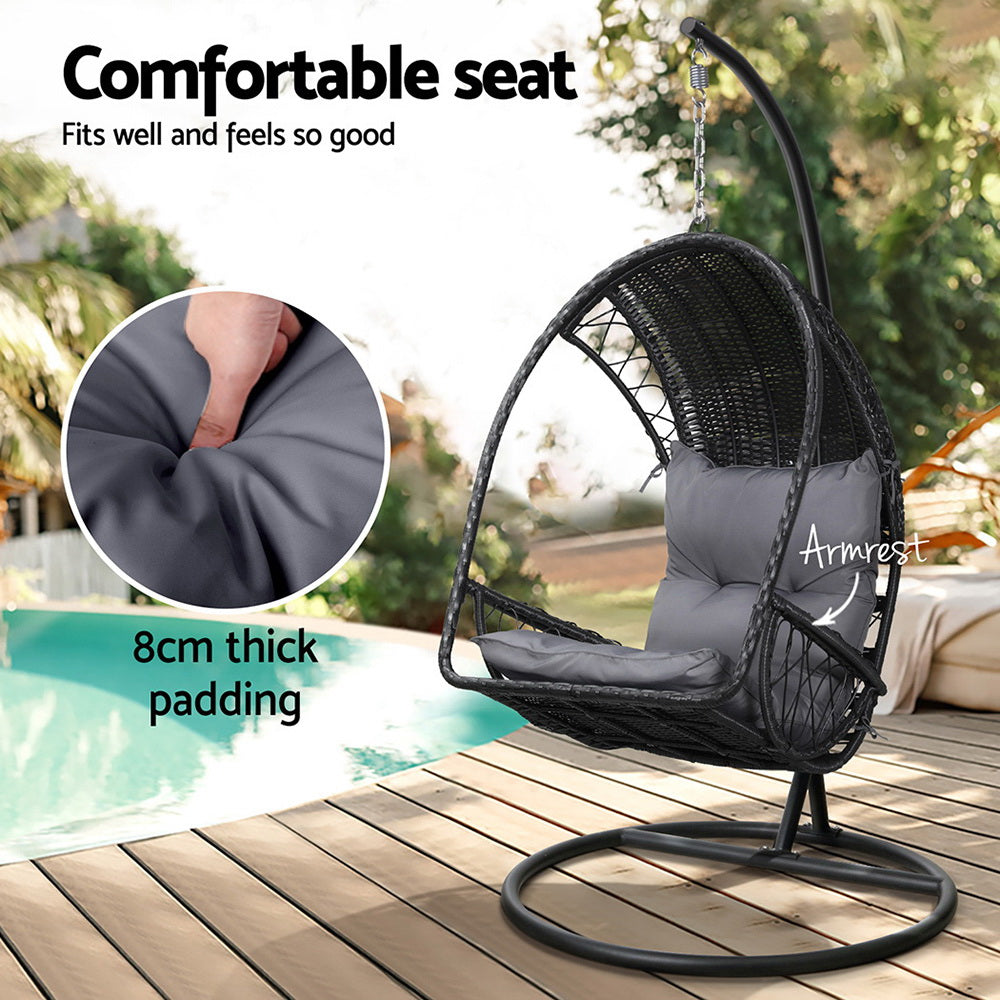 Gardeon Outdoor Egg Swing Chair Wicker Furniture Pod Stand Armrest Black