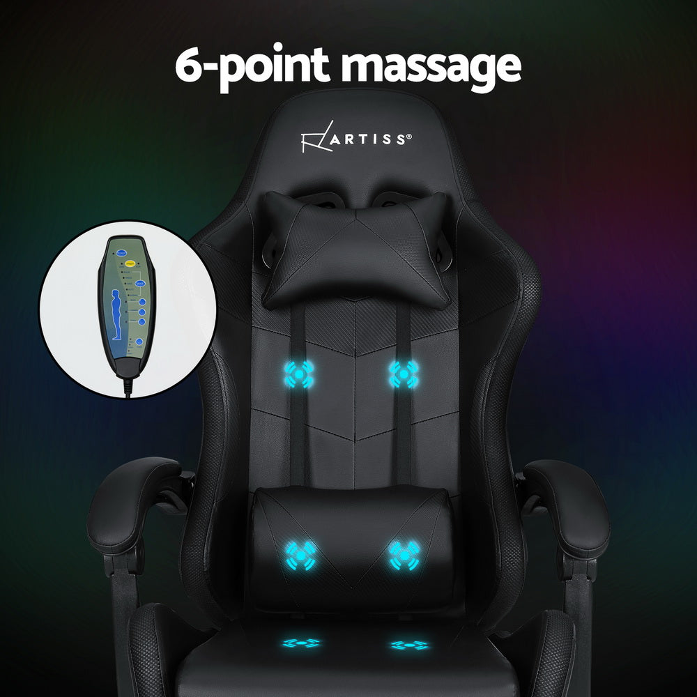 Artiss 6 Point Massage Gaming Office Chair 7 LED Footrest Black