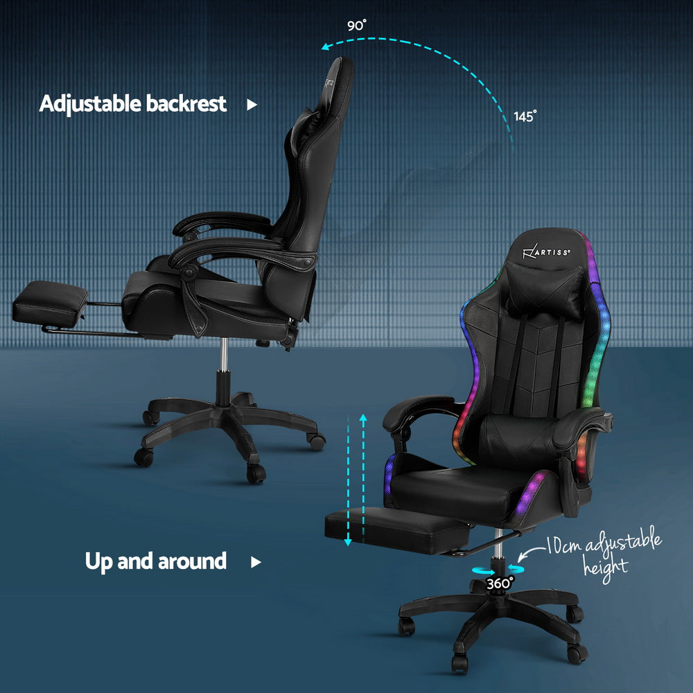 Artiss 6 Point Massage Gaming Office Chair 7 LED Footrest Black