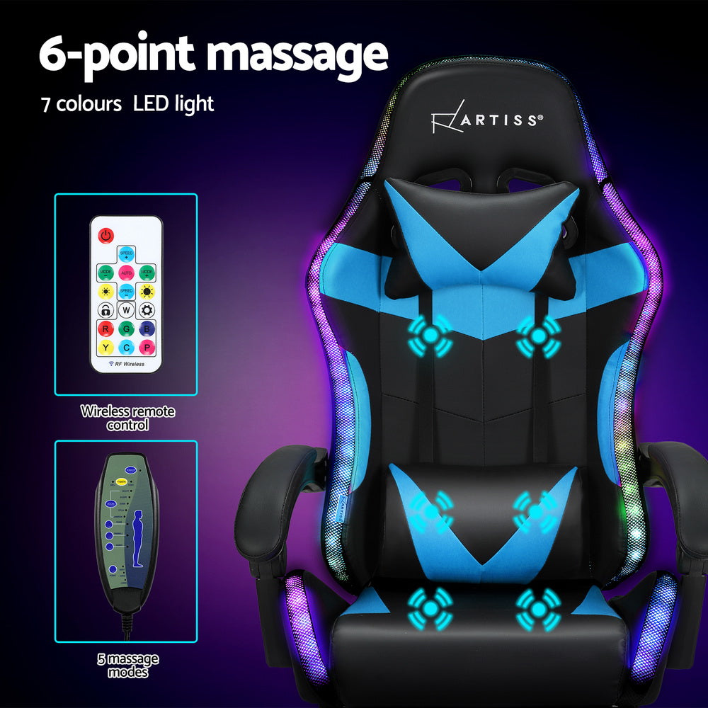 Artiss 6 Point Massage Gaming Office Chair 7 LED Footrest Cyan Blue