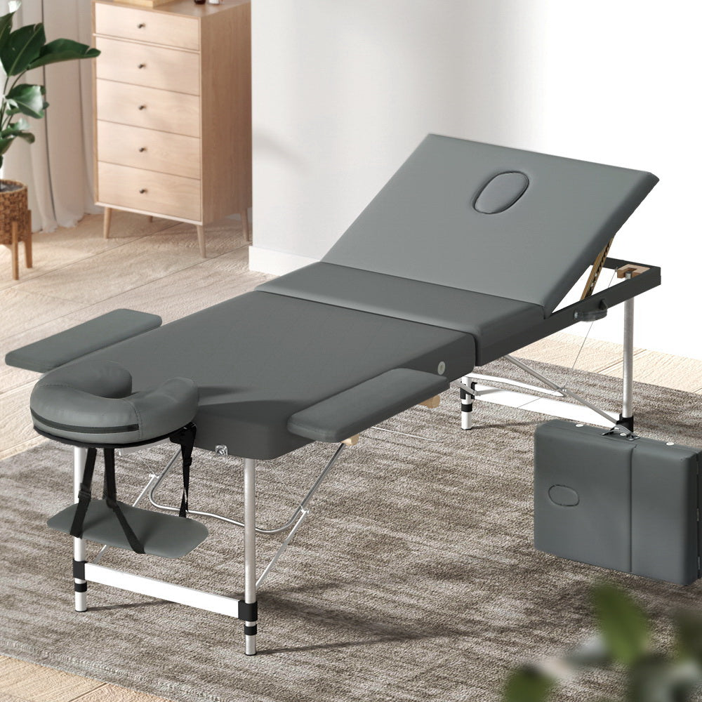 Zenses Massage Table 75cm Portable 3 Fold Aluminium Beauty Bed Grey