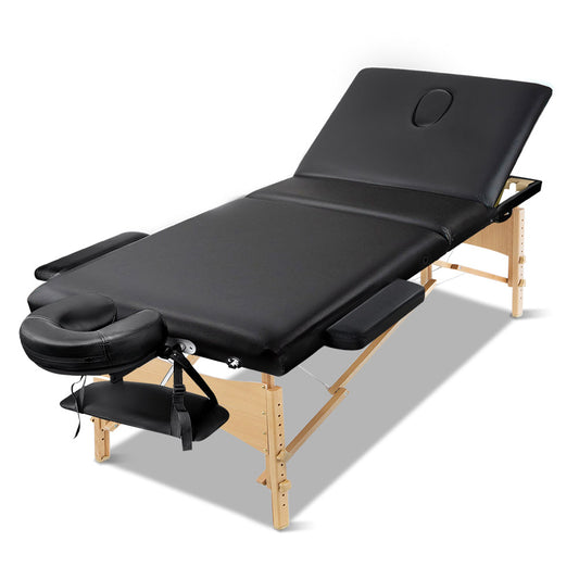 Zenses Massage Table 70cm Portable 3 Fold Wooden Beauty Bed Black