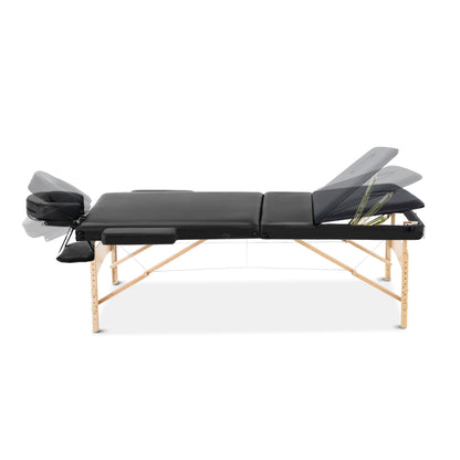 Zenses Massage Table 75cm Portable 3 Fold Wooden Beauty Bed Black