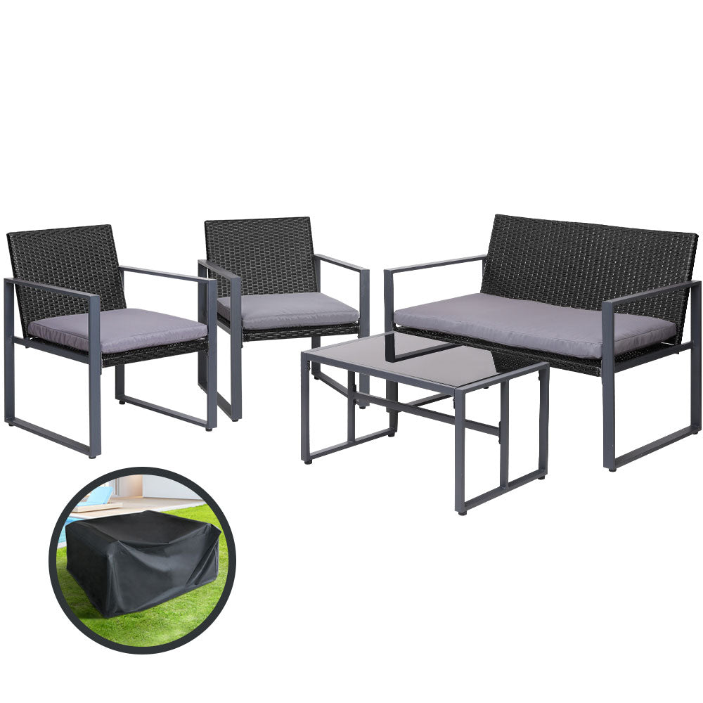 Gardeon 4 PCS Outdoor Sofa Set Rattan Furniture with Storage Cover Chairs Black