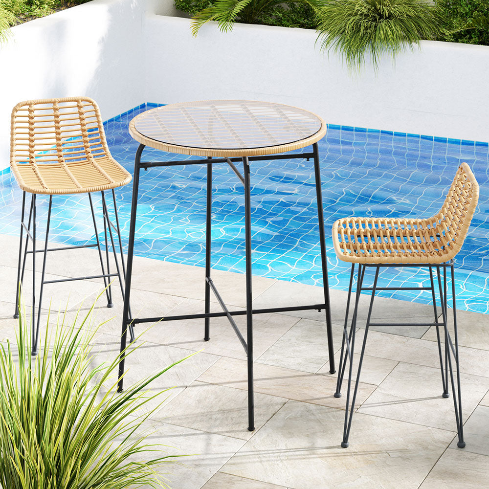 Gardeon 3-Piece Outdoor Bar Set Wicker Table Chairs Patio Bistro