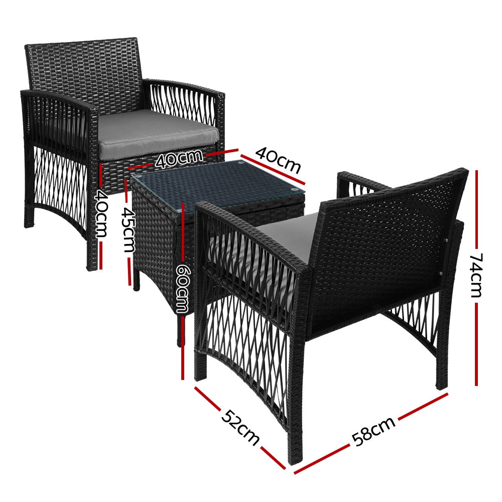 Gardeon 3PC Outdoor Bistro Set Patio Furniture Wicker Dining Chairs Table Cushion Black