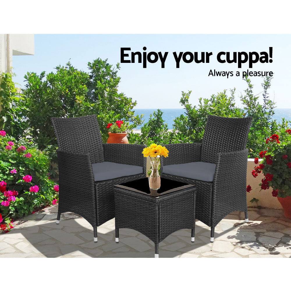 Gardeon 3PC Outdoor Bistro Set Patio Furniture Wicker Chairs Table Cushion All Black