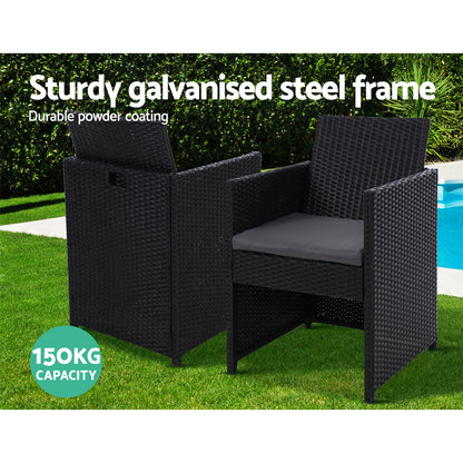 Gardeon 3PC Bistro Set Outdoor Furniture Rattan Table Chairs Cushion Patio Garden Hugo