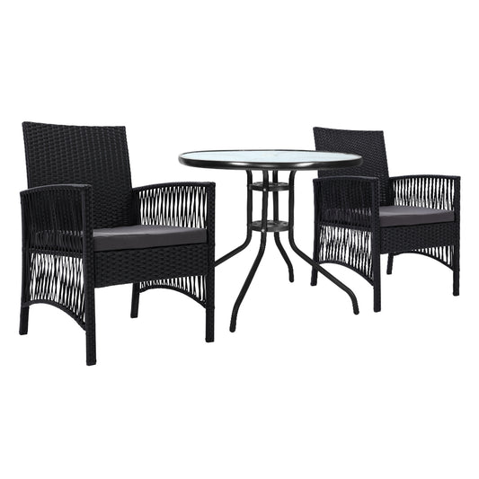 Gardeon 3PC Bistro Set Outdoor Furniture Rattan Table Chairs Cushion Patio Garden Lyra