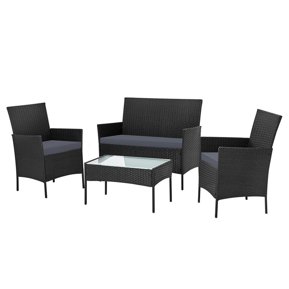 Gardeon 4 Seater Outdoor Sofa Set Wicker Setting Table Chair Furniture Black