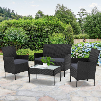 Gardeon 4 Seater Outdoor Sofa Set Wicker Setting Table Chair Furniture Black