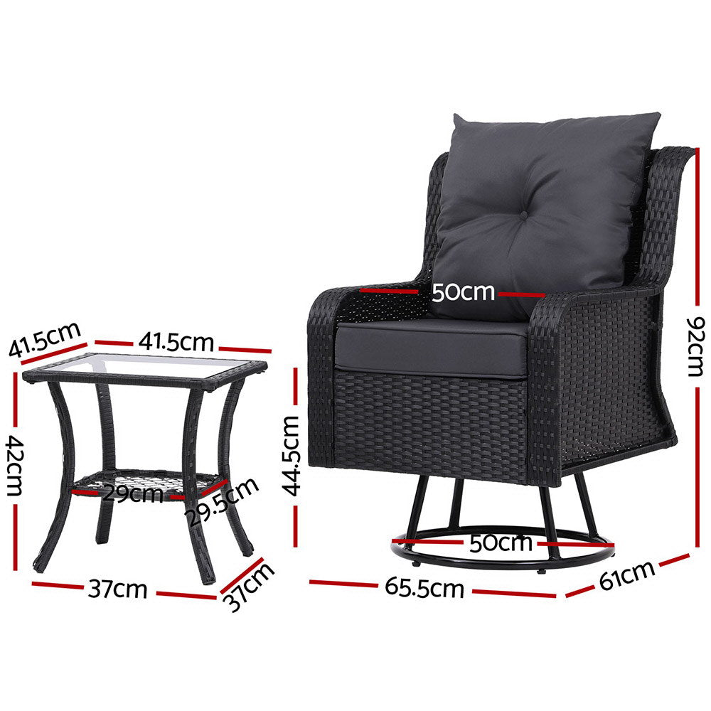 Gardeon 3PC Outdoor Furniture Bistro Set Lounge Wicker Swivel Chairs Table Cushion Black