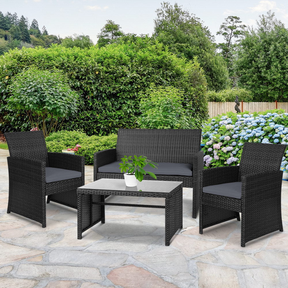 Gardeon 4 PCS Outdoor Sofa Set Rattan Chair Table Setting Garden Furniture Black