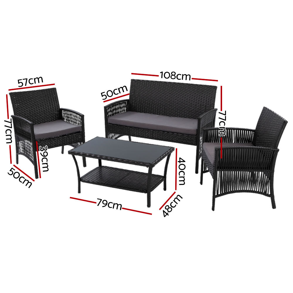 Gardeon 4PCS OutdoorSofa Set with Storage Cover Wicker Harp Chair Table Black