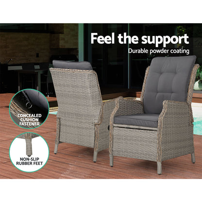 Gardeon 2PC Recliner Chair Sun lounge Wicker Lounger Outdoor Furniture Adjustable Grey