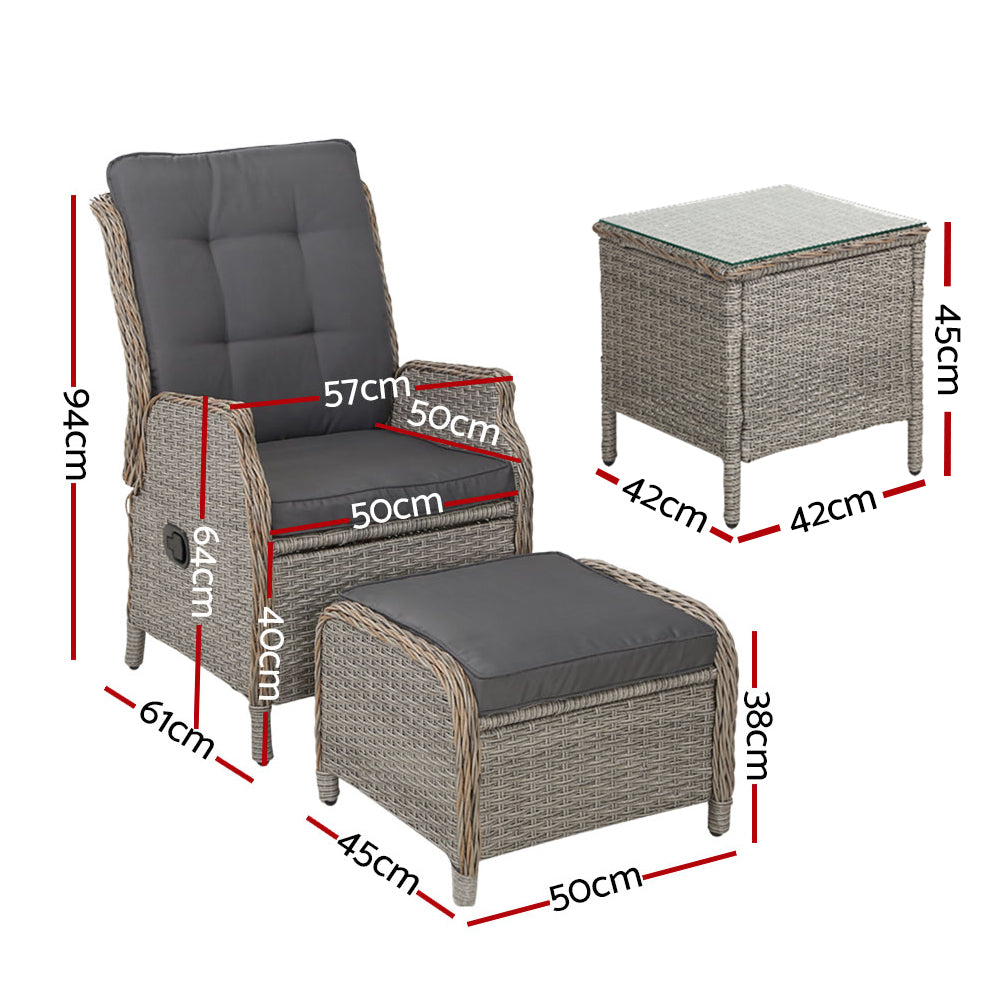 Gardeon 5PC Recliner Chairs Table Sun lounge Wicker Outdoor Furniture Adjustable Grey