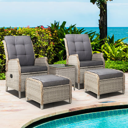 Gardeon 5PC Recliner Chairs Table Sun lounge Wicker Outdoor Furniture Adjustable Grey