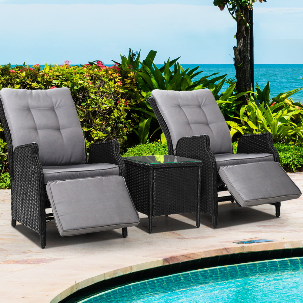 Gardeon 3PC Recliner Chairs Table Sun lounge Outdoor Furniture Wicker Adjustable Black