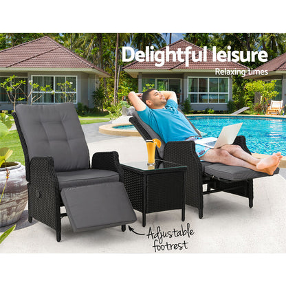 Gardeon 3PC Recliner Chairs Table Sun lounge Outdoor Furniture Wicker Adjustable Black