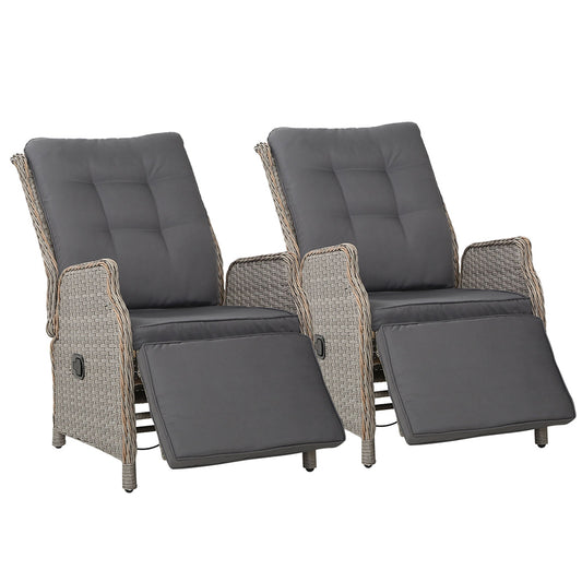 Gardeon 2PC Recliner Chairs Sun lounge Wicker Lounger Outdoor Furniture Adjustable Grey