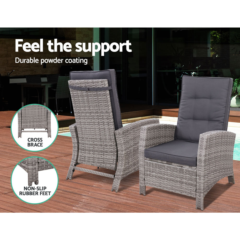 Gardeon 2PC Recliner Chairs Sun lounge Wicker Lounger Outdoor Furniture Adjustable Grey