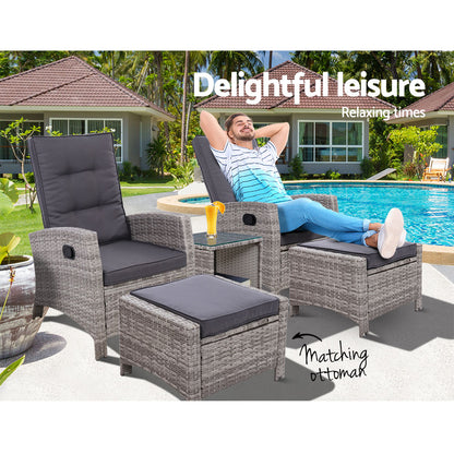 Gardeon 5PC Recliner Chairs Table Sun lounge Wicker Outdoor Furniture Adjustable Grey