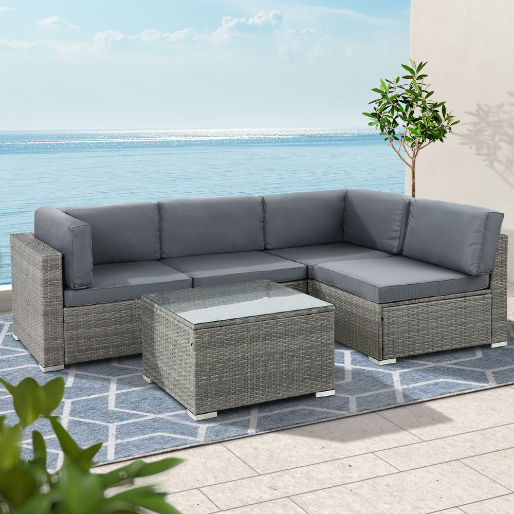 Gardeon 5-Piece Outdoor Sofa Set Wicker Couch Lounge Setting 4 Seater Grey