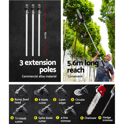 Giantz 62CC Pole Chainsaw Hedge Trimmer Brush Cutter Whipper Snipper Saw 9-in-1 5.6m