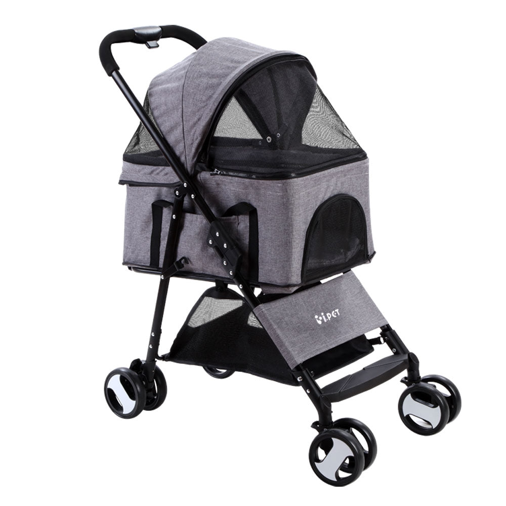 i.Pet Pet Stroller Dog Pram Cat Carrier Travel Large Pushchair Foldable 4 Wheels Grey