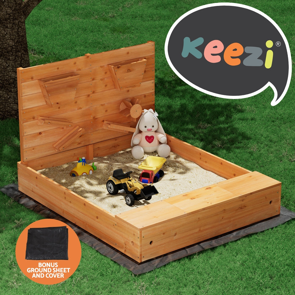 Keezi Kids Sandpit Wooden Sandbox Sand Pit with Cover Funnel Outdoor Toys 120cm