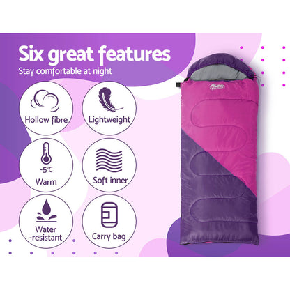 Weisshorn Sleeping Bag Kids Single 172cm Thermal Camping Hiking Pink