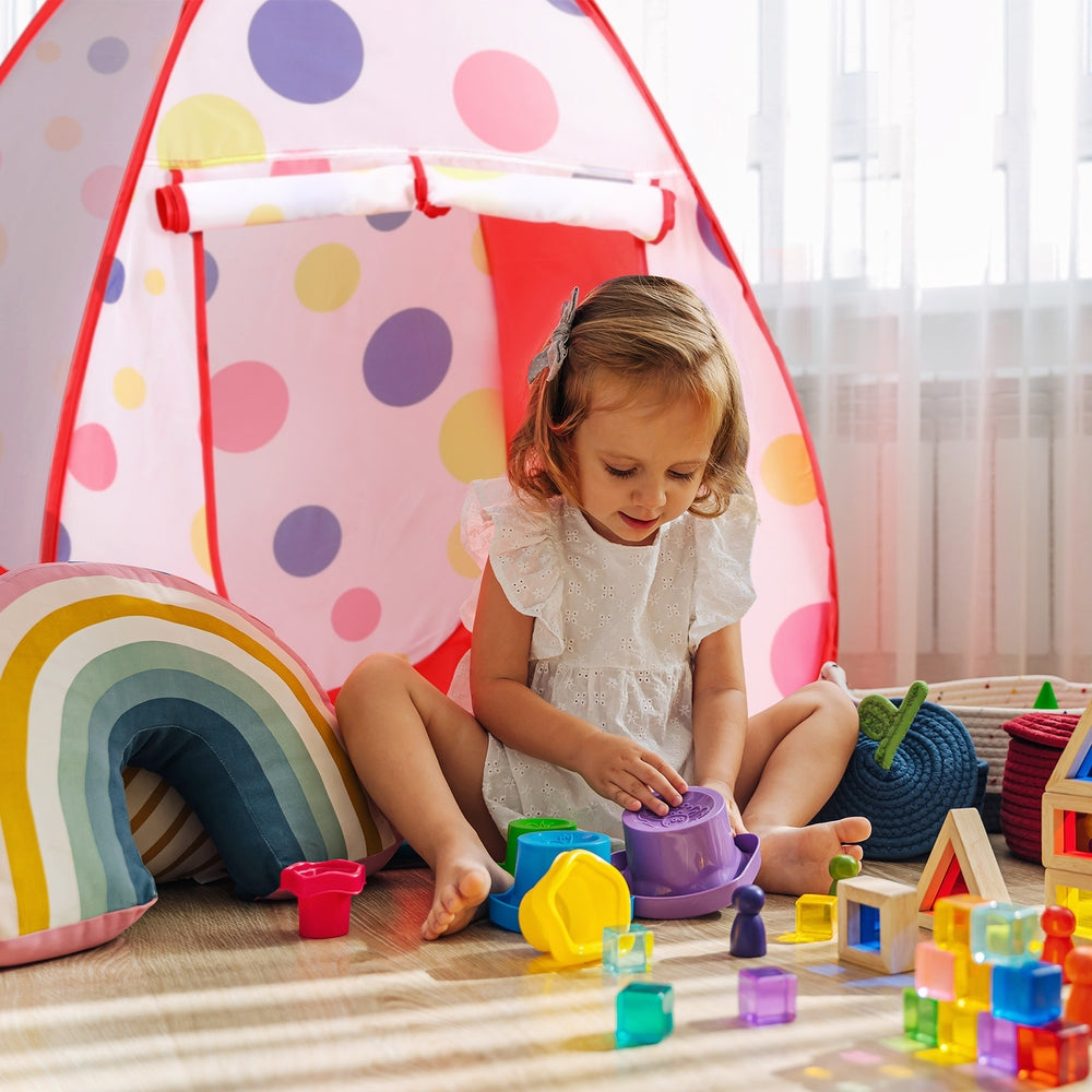 Keezi Kids Playhouse Play Tent Pop Up Teepee Ball Pit Tunnel Basketball Hoop Red