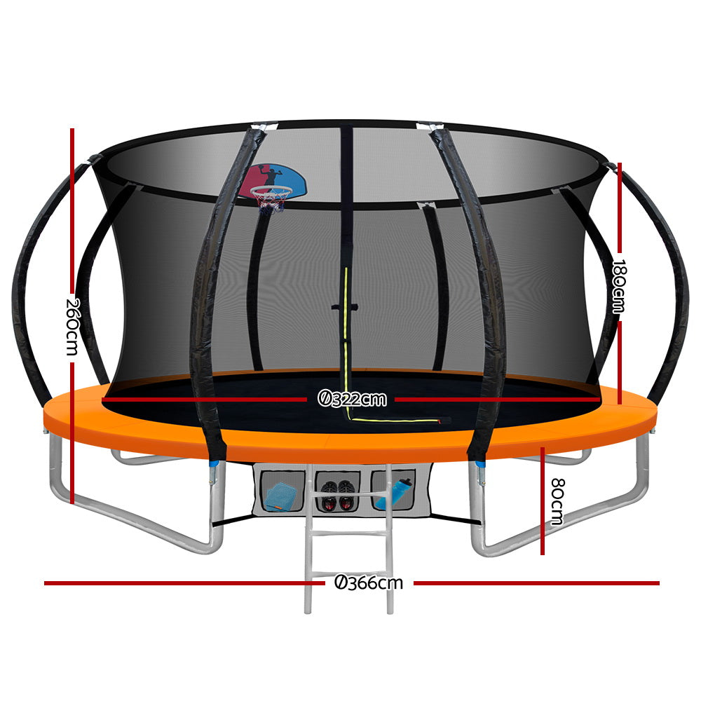 Everfit 12FT Trampoline for Kids w/ Ladder Enclosure Safety Net Rebounder Orange